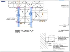 SteelTally measurement view of a roof framing plan, with blue-highlighted members and a displayed 7.75 m measurement.