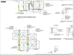 SteelTally interface displaying an upper floor framing plan with highlighted structural members and connection details.
