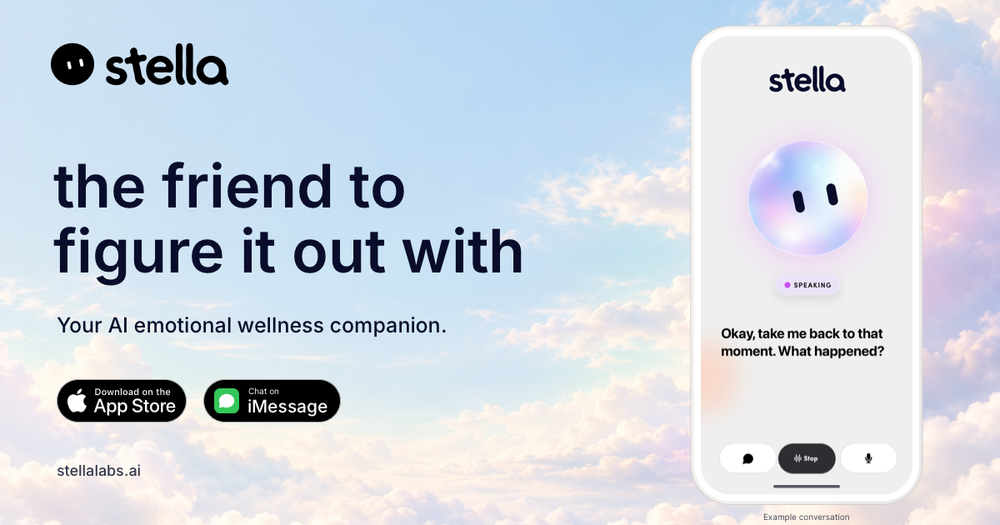 Stella promotional graphic with a phone mockup showing the AI companion orb, a speaking indicator, and the prompt “Okay, take me back to that moment. What happened?”