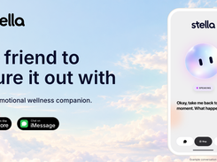 Stella promotional graphic with a phone mockup showing the AI companion orb, a speaking indicator, and the prompt “Okay, take me back to that moment. What happened?”
