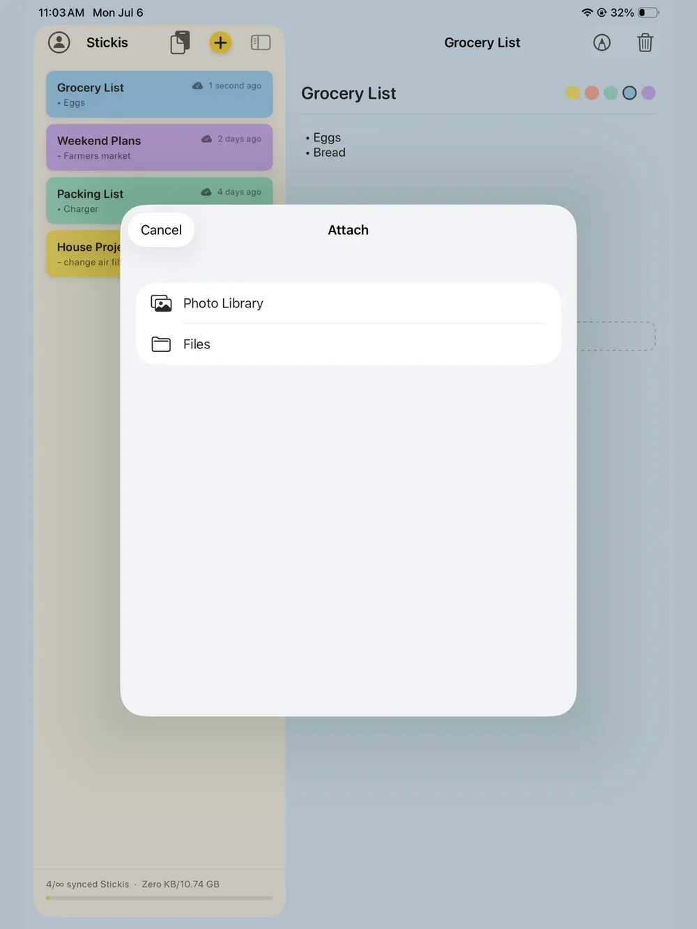 Tablet note workspace with an Attach dialog offering Photo Library and Files.