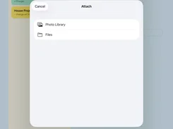 Tablet note workspace with an Attach dialog offering Photo Library and Files.