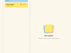 Tablet Stickis workspace with a note list and empty-state prompt to select a note.