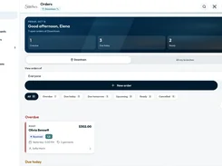 Stitches desktop Orders screen showing order-status summary cards, filters, and an overdue customer order.