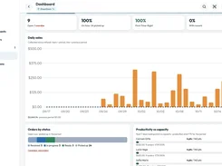 Stitches Reports dashboard with open-order and performance metrics, a daily-sales bar chart, order-status breakdown, and staff capacity indicators.