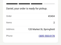 Customer-facing pickup-status page for Golden Thread Alterations showing an order number, item count, address, and phone link.
