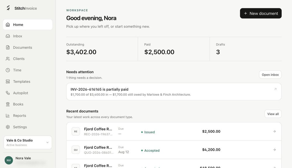 Home dashboard: outstanding, paid and what needs a decision
