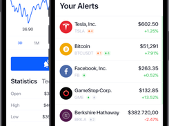Two phone mockups displaying Stock Alarm screens for an individual stock chart and a list of price alerts.