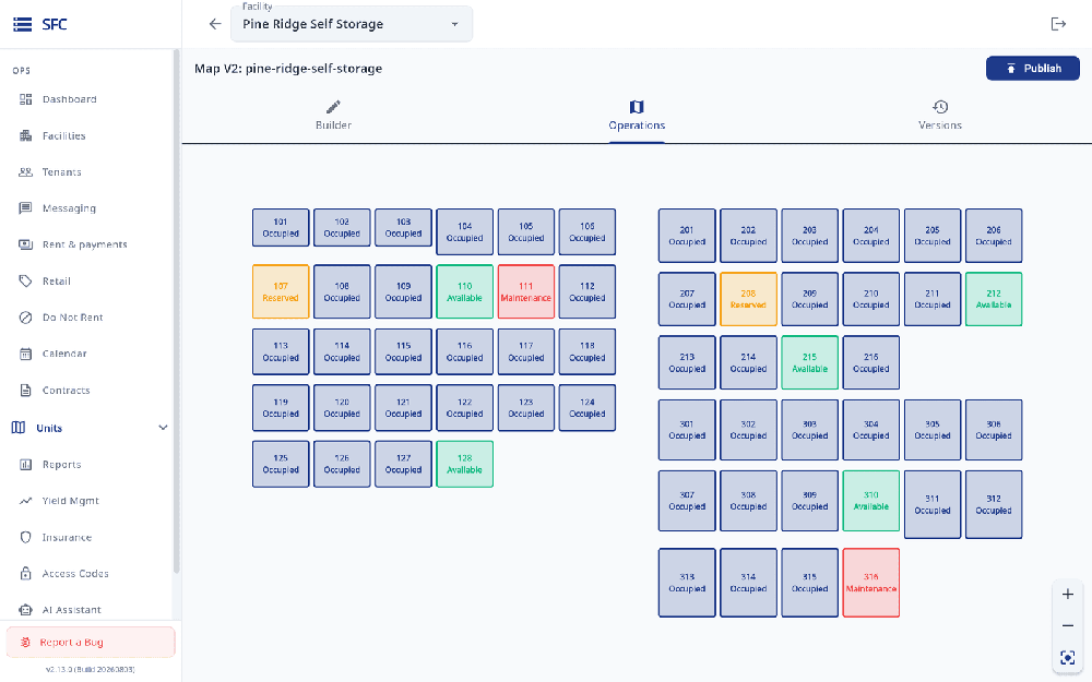 Storage Facility Creator operations map displaying numbered storage units with occupied, reserved, available, and maintenance statuses.