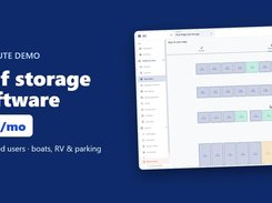 Promotional graphic showing a self-storage software interface with a facility map of colored unit blocks and text advertising a two-minute demo and $75 per month pricing.