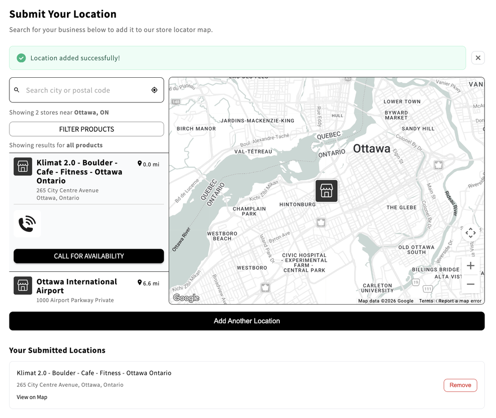 “Submit Your Location” page showing a success message, submitted business locations, store results, availability controls, and an Ottawa map.