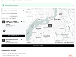 “Submit Your Location” page showing a success message, submitted business locations, store results, availability controls, and an Ottawa map.