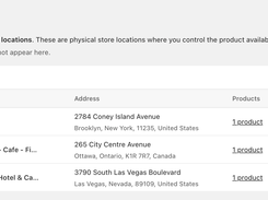 Managed Locations dashboard listing retail locations, addresses, product counts, submission sources, and edit or delete actions.
