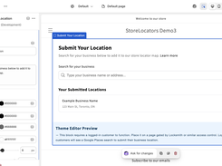 Shopify theme editor displaying the StoreLocators Submit Your Location block, with content and appearance settings alongside a storefront preview.