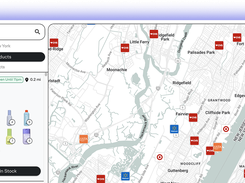 Store locator interface with a Target product inventory panel and map showing retailer location markers around New York.