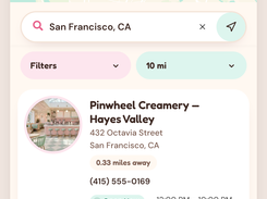 Responsive store locator on mobile. Example data.