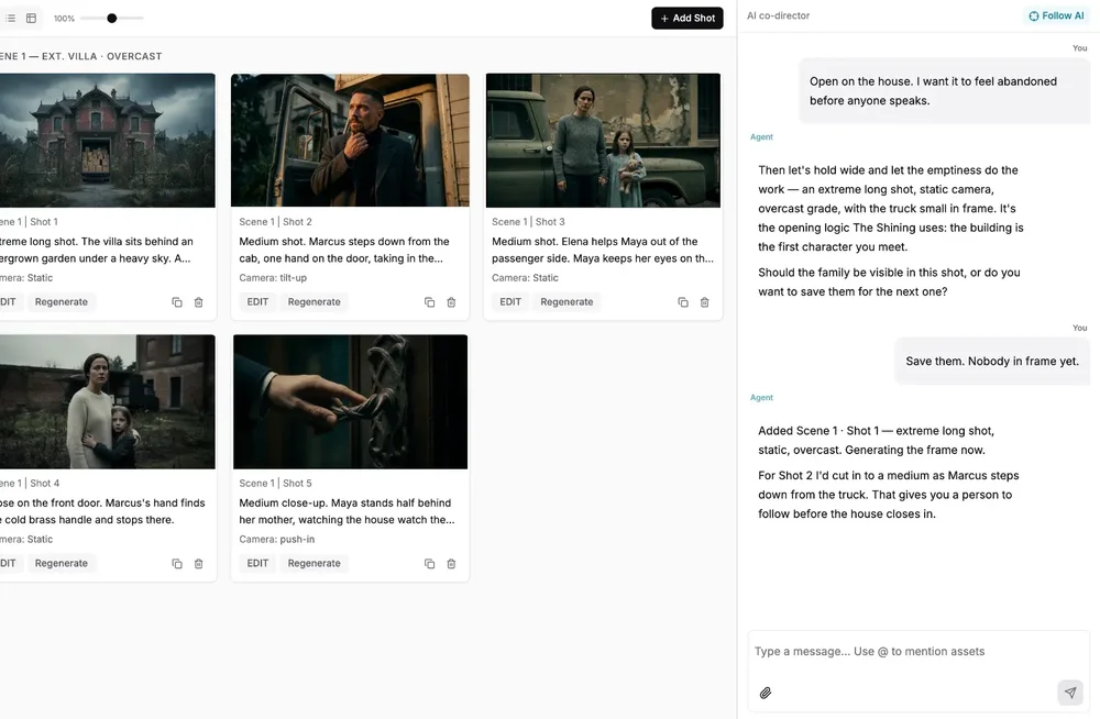 Story2Board workspace with five generated storyboard shot cards on the left and an AI co-director conversation panel on the right.