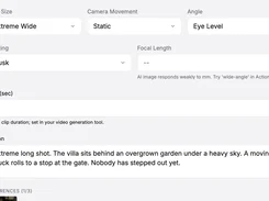 Shot-editing form with dropdowns for shot size, camera movement, angle, lighting, focal length, duration, and an action text field.