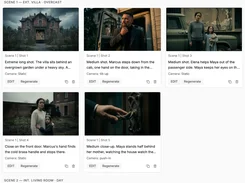 Storyboard grid for an exterior villa scene, with five shot cards containing generated images, shot descriptions, camera notes, and edit or regenerate controls.