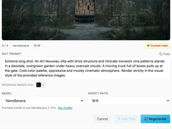 Image-generation editing panel showing a generated truck-at-a-gate image, an editable prompt, reference-image selector, model selector, aspect ratio, and Regenerate button.