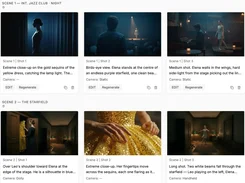 Storyboard workspace showing shot cards for jazz-club and starfield scenes with generated frames, descriptions, and camera settings.