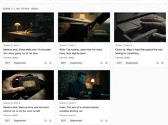 Storyboard workspace section for an interior study scene, showing five generated shot cards with descriptions and camera settings.