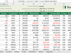 Positions with live P&L streaming into an Excel sheet via native =RTD() formulas
