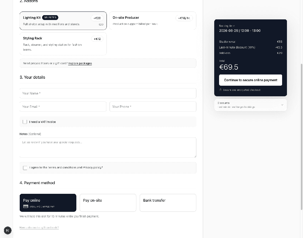 Studio booking checkout page showing selected lighting-kit add-on, empty contact fields, payment options, and a €69.5 order total.