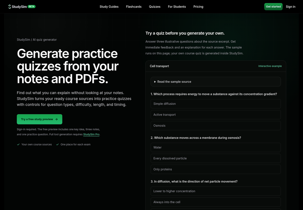 StudySim webpage for generating practice quizzes from notes and PDFs, showing navigation, explanatory text, and a sample cell-transport multiple-choice quiz.