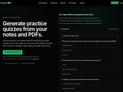 StudySim webpage for generating practice quizzes from notes and PDFs, showing navigation, explanatory text, and a sample cell-transport multiple-choice quiz.