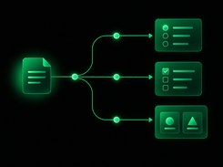 Glowing green workflow diagram showing a source document branching through arrows into a list, a checked quiz-style list, and two card-like items.