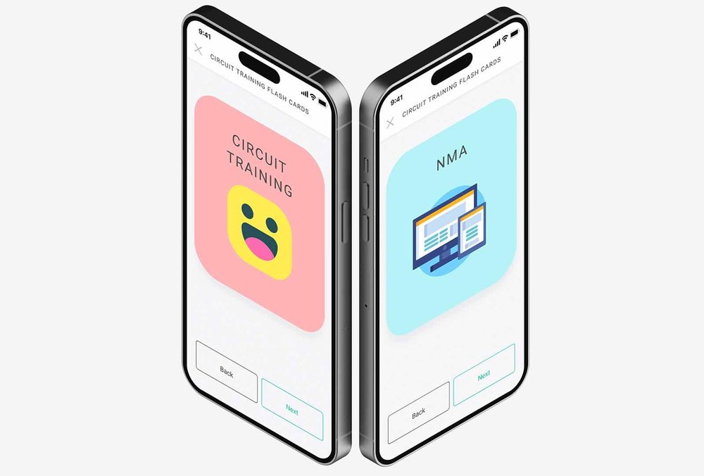 Two phone mockups showing Suada Circuit Training flash cards, including Back and Next buttons.
