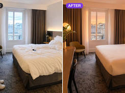Faithful AI editing: enhanced lighting and twilight ambiance while keeping the space true to reality — before and after