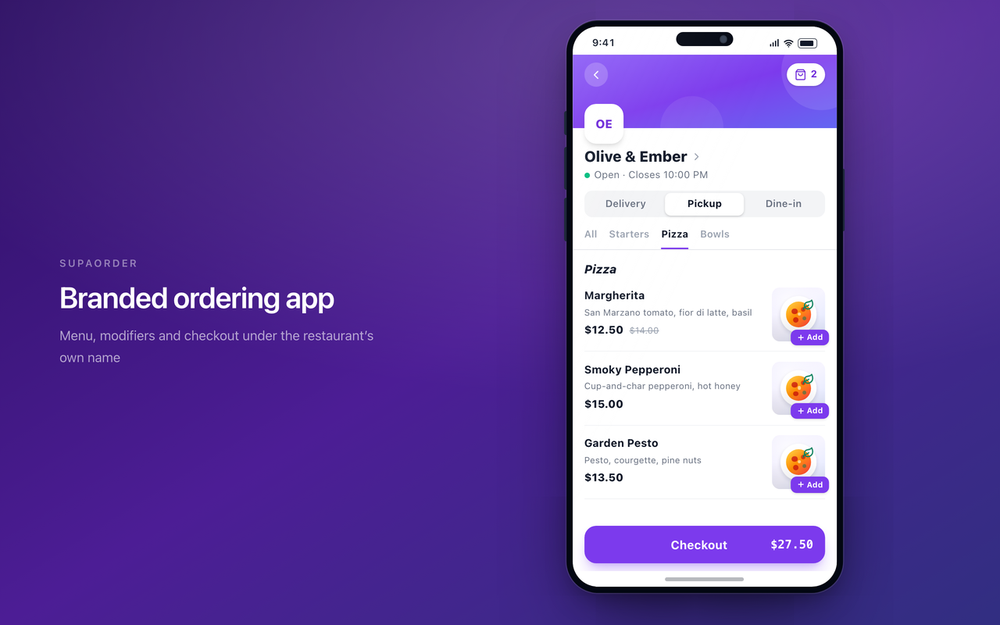 Branded ordering app. Illustrative product view - fictional demo data.