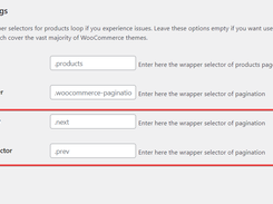 WordPress-style “Wrapper Settings” page with text fields for Products wrapper, Pagination wrapper, Next page selector, and Previous page selector, plus a Save Settings button.
