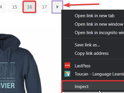 Browser page showing numbered product pagination and a context menu with the Inspect option highlighted; a red arrow points to the next-page button.