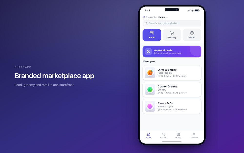 Branded marketplace app. Illustrative product view - fictional demo data.