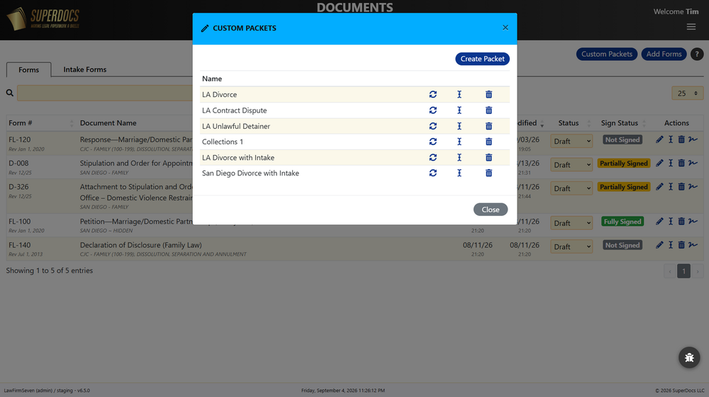 SuperDocs Documents page with a Custom Packets modal listing legal document packet names.