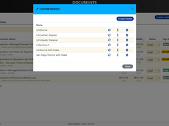 SuperDocs Documents page with a Custom Packets modal listing legal document packet names.