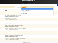 SuperDocs Add Court Forms page listing court forms with jurisdiction filters, selection boxes, and preview icons.