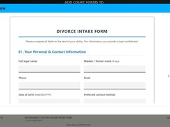 SuperDocs Form Preview modal displaying a blank Divorce Intake Form.