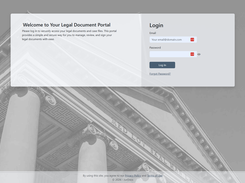 Legal document portal login page with email and password fields over a courthouse-building background.
