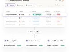 Company Projects Database table highlights a completed kickoff task and shows connected onboarding, employee directory, and roles documents below.