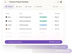 Company Projects Database task table with a loading indicator for 824,582 records and layered record-count bars below.