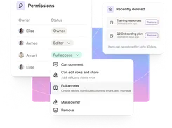 Permissions interface listing owners and access levels alongside a Recently deleted panel with Restore buttons and an open access-level menu.