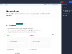 Documentation editor Rich, collaborative documentation editor with inline commenting, review requests, and version drafts — letting teams document component usage guidelines (do's/don'ts) directly alongside live examples.
