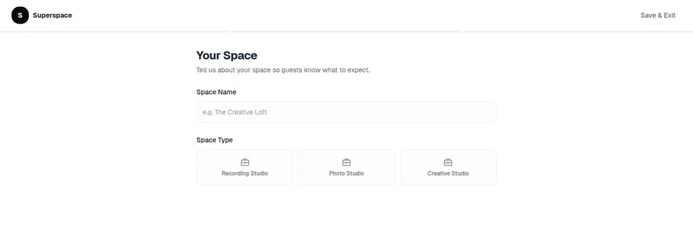 Superspace web form titled “Your Space” with a Space Name field and selectable space types for Recording Studio, Photo Studio, and Creative Studio.
