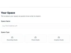 Superspace web form titled “Your Space” with a Space Name field and selectable space types for Recording Studio, Photo Studio, and Creative Studio.