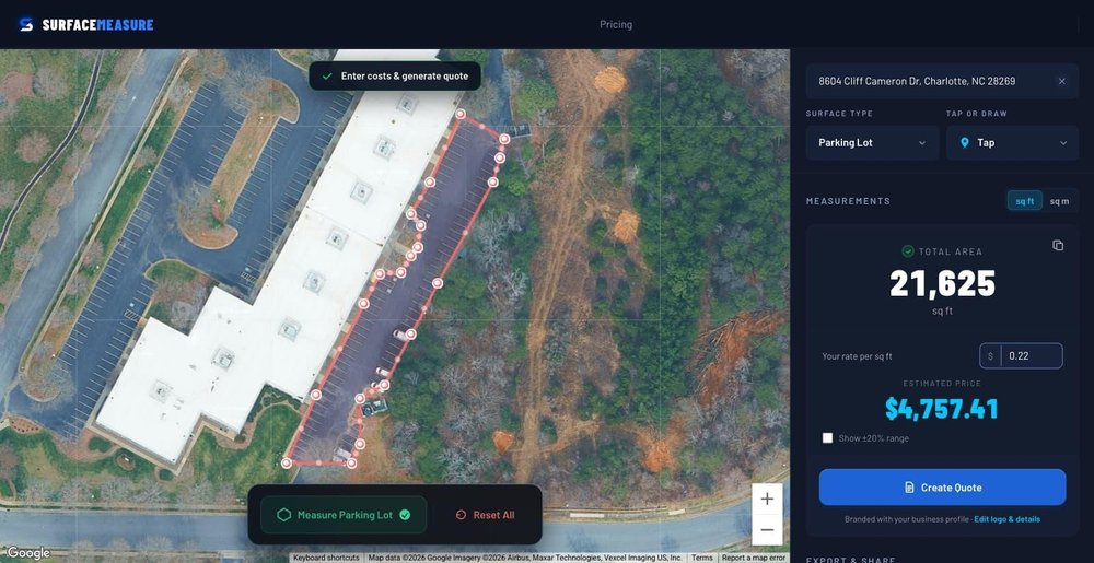 Desktop SurfaceMeasure interface showing an outlined parking lot on satellite imagery, a total area of 21,625 sq ft, a $0.22 rate, and an estimated price of $4,757.41.