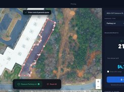 Desktop SurfaceMeasure interface showing an outlined parking lot on satellite imagery, a total area of 21,625 sq ft, a $0.22 rate, and an estimated price of $4,757.41.
